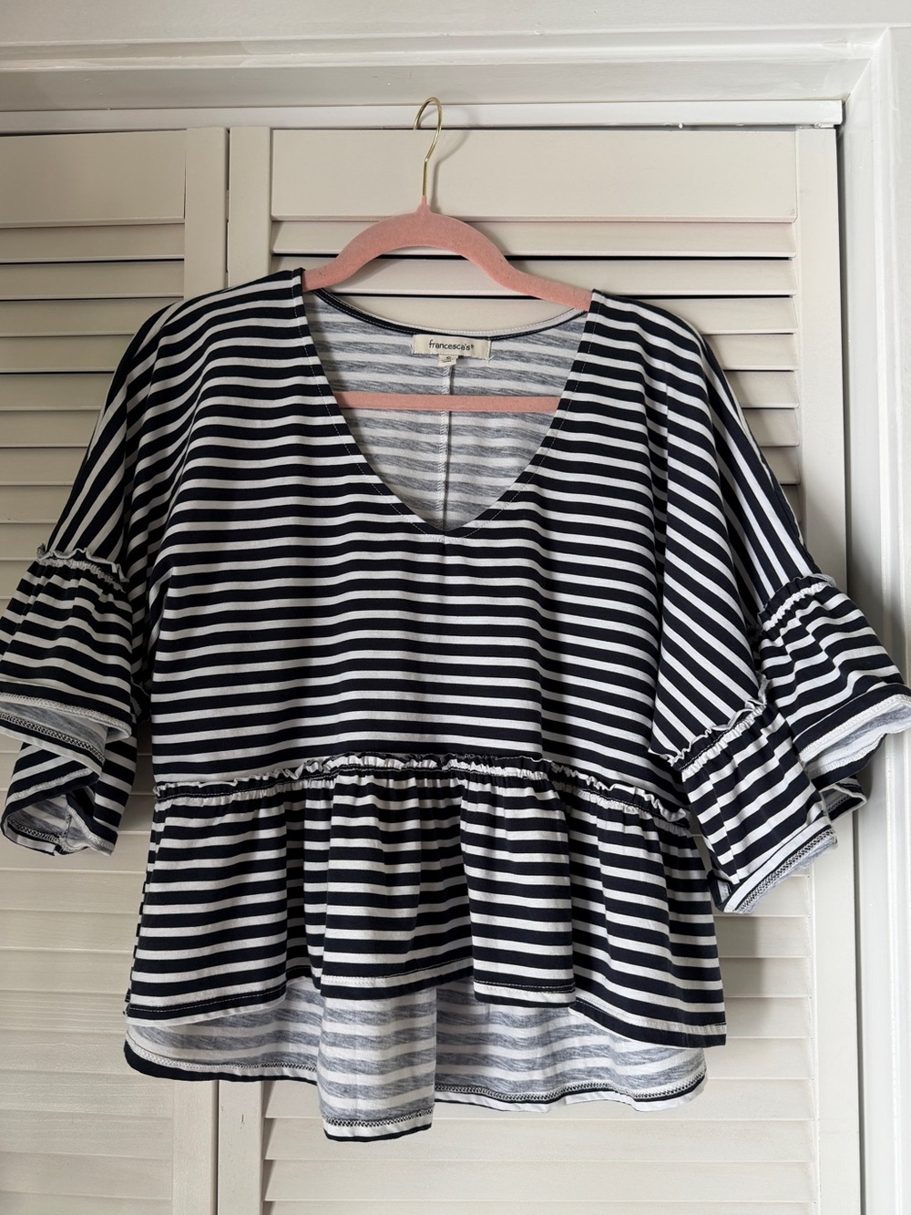 Francesca's Collections Black and White Striped V-Neck Peplum Top